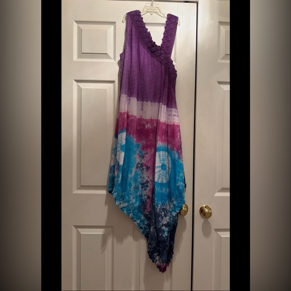 Tie-Dye Handkerchief Hem Maxi SunDress in Purple, Pink & Blue